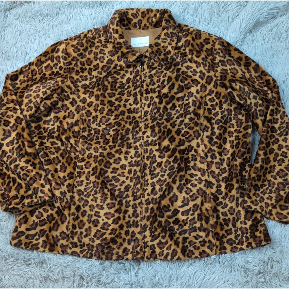 Susan Graver Jacket Womens 2XL Animal Print  Zip Up Soft Pockets Lightweight